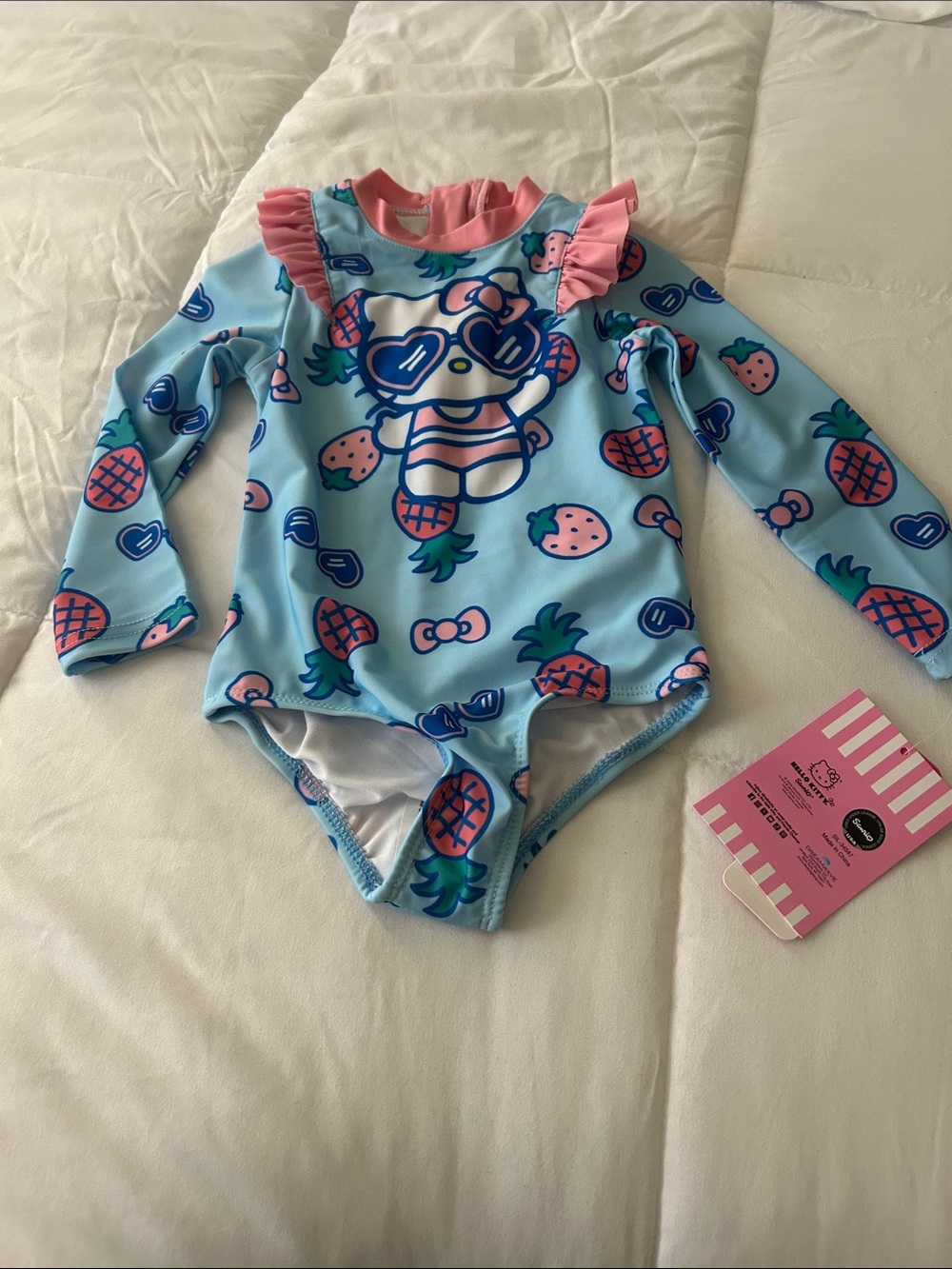 Girls Light Blue Pineapple & Strawberry Ruffle Long Sleeve Swimsuit Hello Kitty